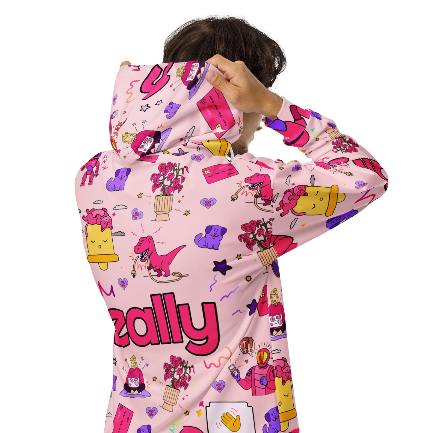 Zally pattern, all over print in baby pink | Unisex zip hoodie