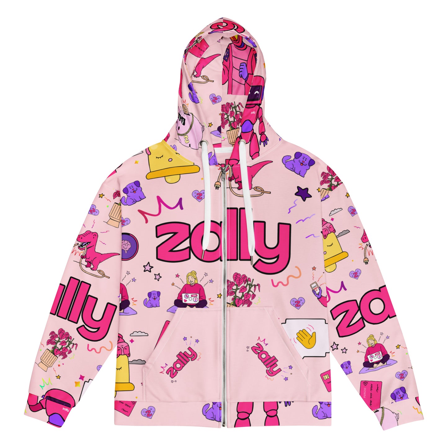 Zally pattern, all over print in baby pink | Unisex zip hoodie