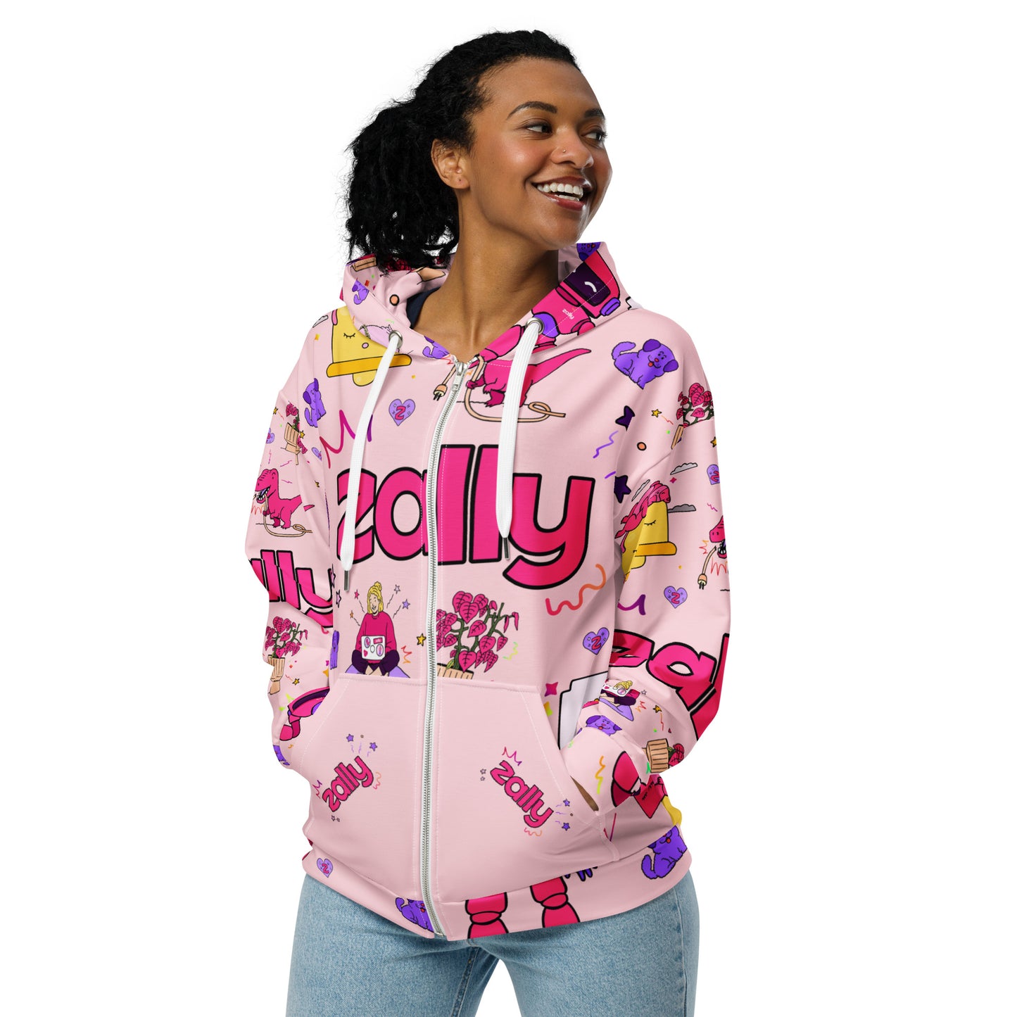 Zally pattern, all over print in baby pink | Unisex zip hoodie