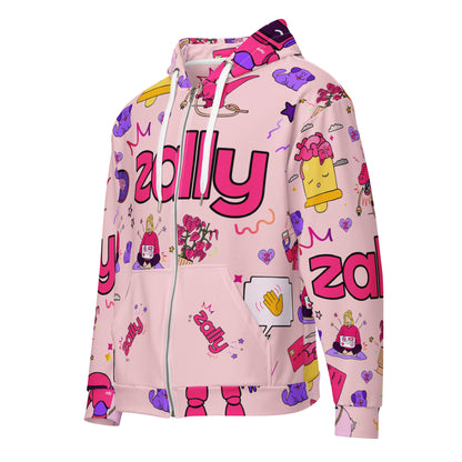 Zally pattern, all over print in baby pink | Unisex zip hoodie