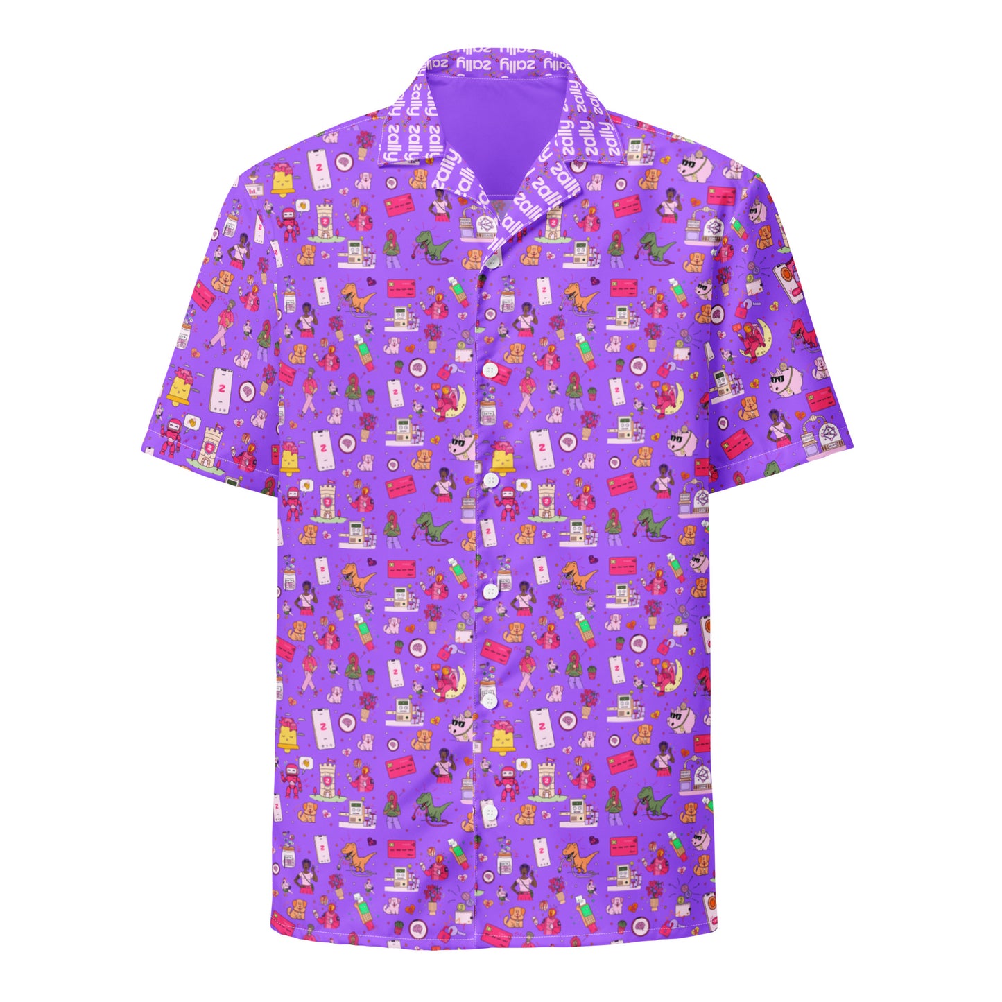 zally® all over pattern with zally logo details on collar Hawaiian style shirt | Unisex button shirt