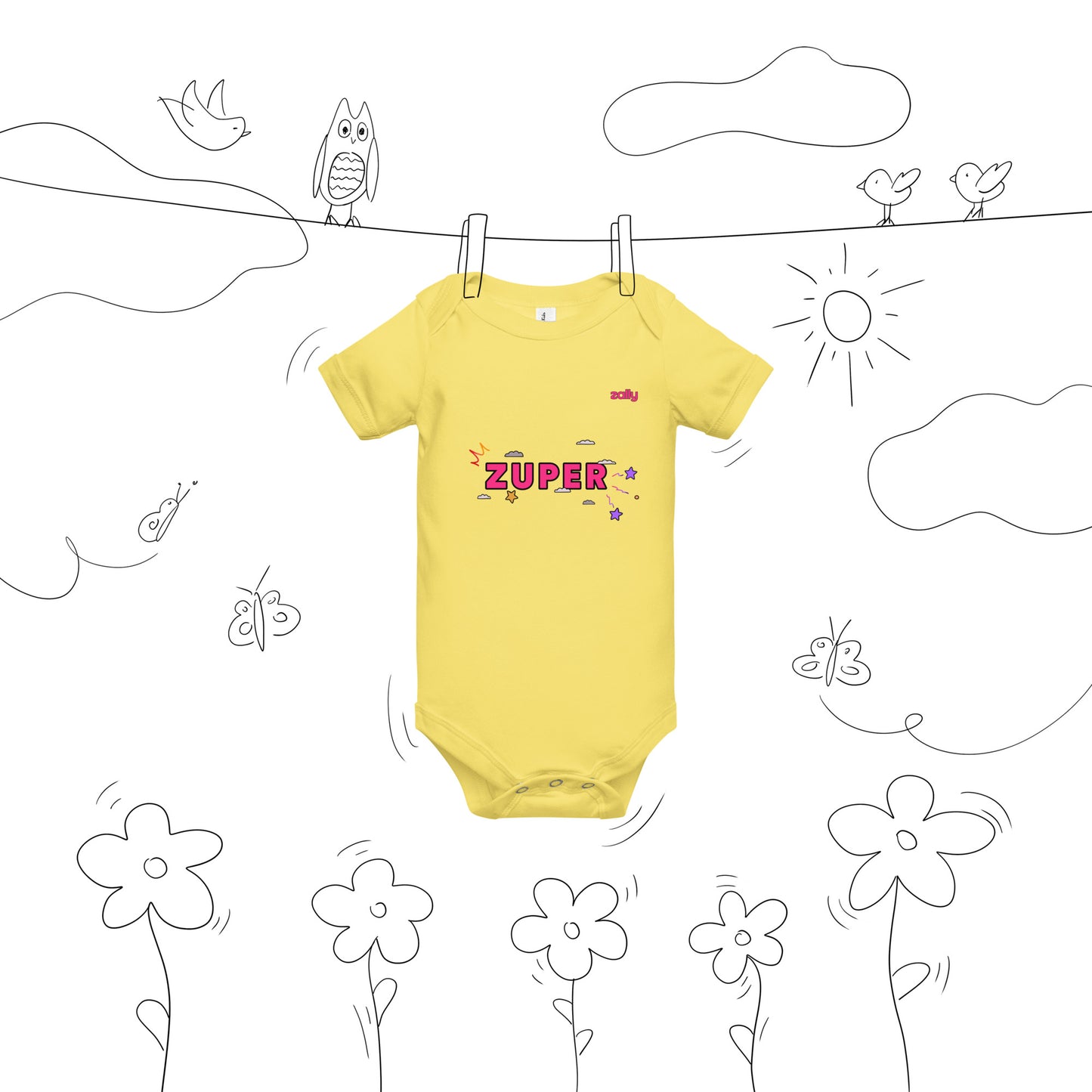 Zuper (front) and Smiley wink (back) | Baby short sleeve one piece